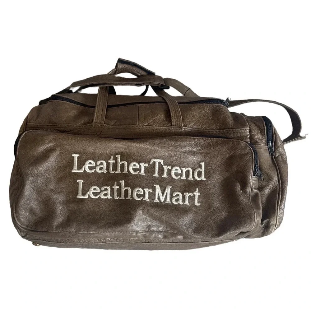 Vintage 80s 90s Brown Leather Duffle Bag Travel Weekender Luggage Retro Gym Bag